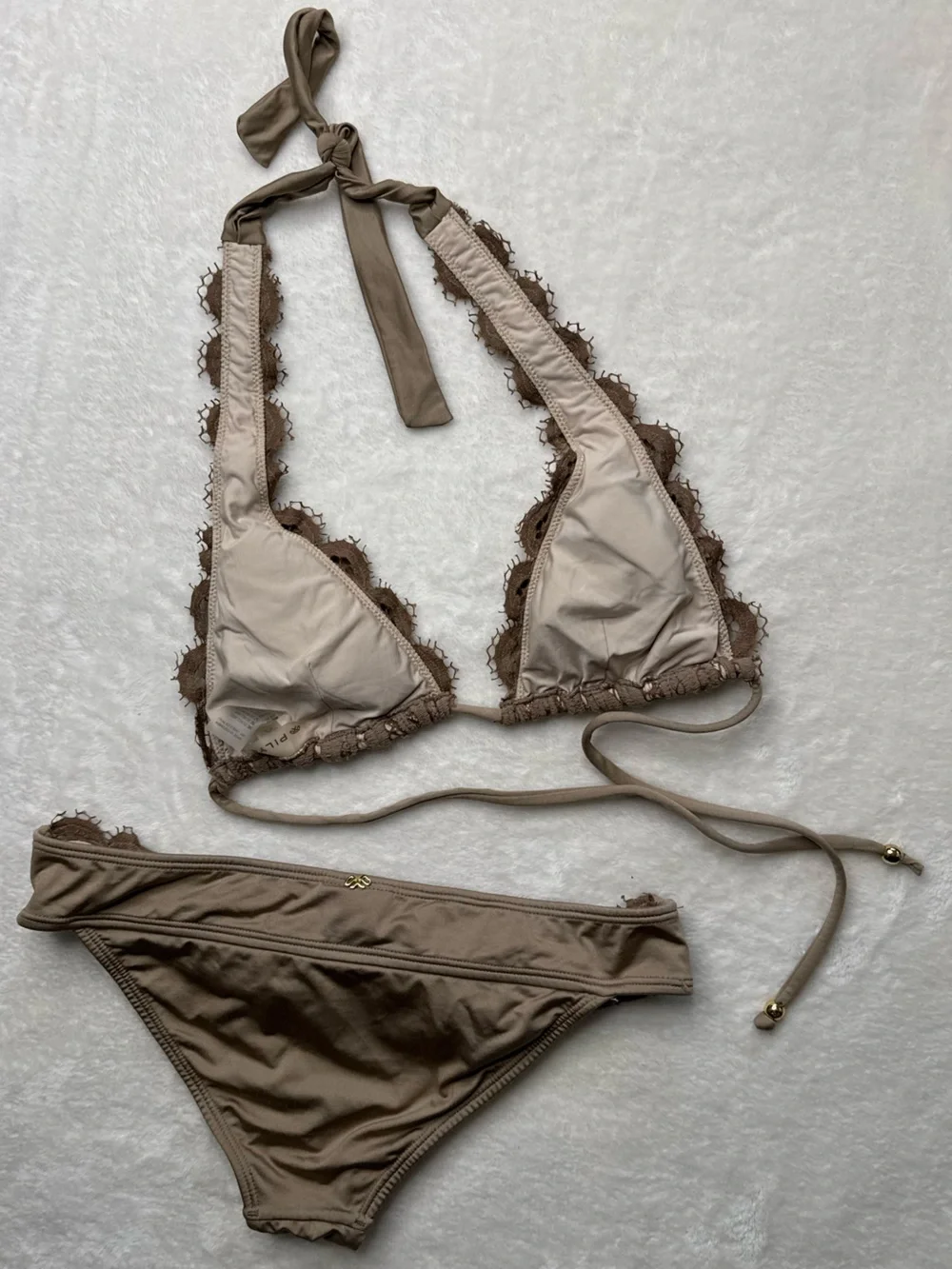 Pilyq - Taupe Crochet Halter Bikini Set, size M